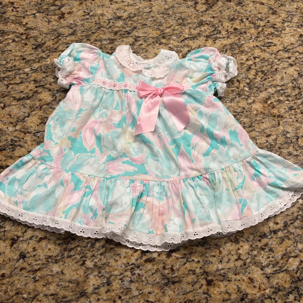 Vintage Sweet Treats Toddler Girls 3T Floral Eyelet Dress Pastel Pink Teal USA